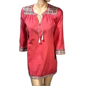 J. McLaughlin Pullover Blouse Tunic Top Coral  Pink Size M Embroidered Tassels